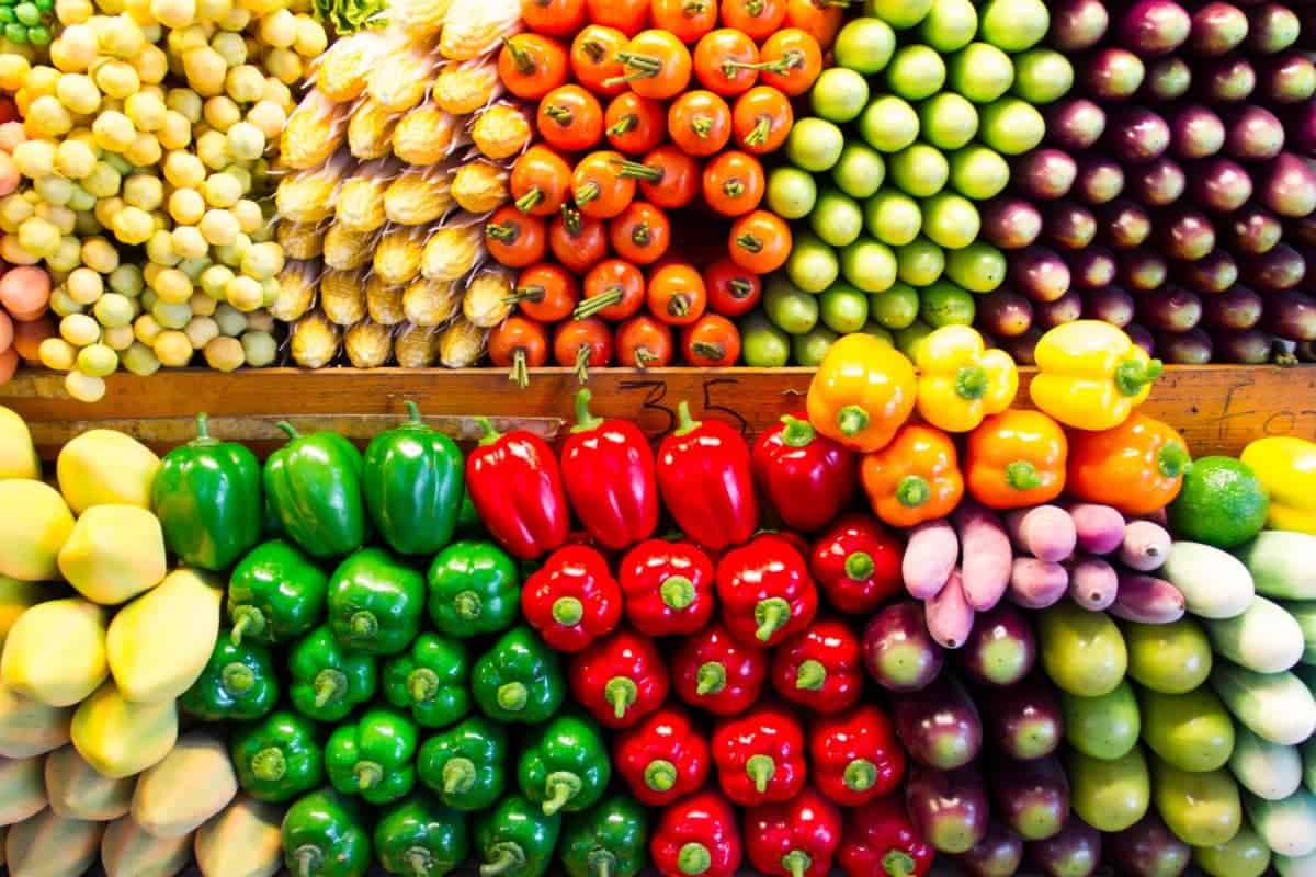 portions of fruits and veggies at grocery