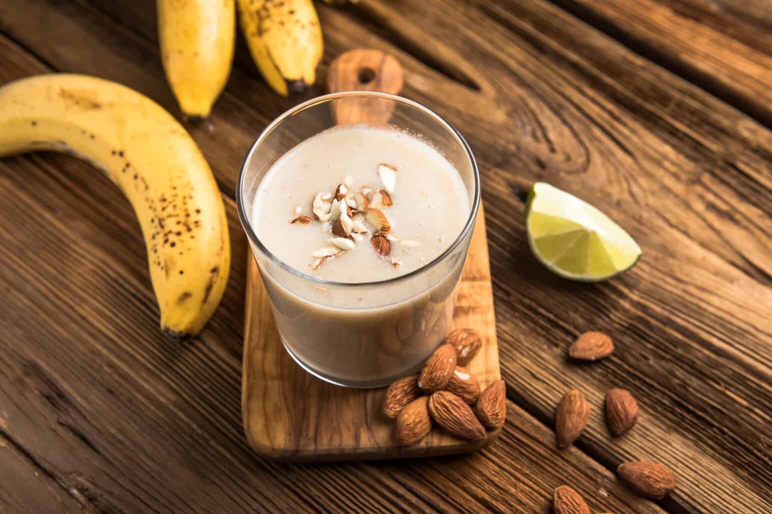 Banana and almond smoothie made with whole food ingredients often used in NutriFusion nutrient blends.