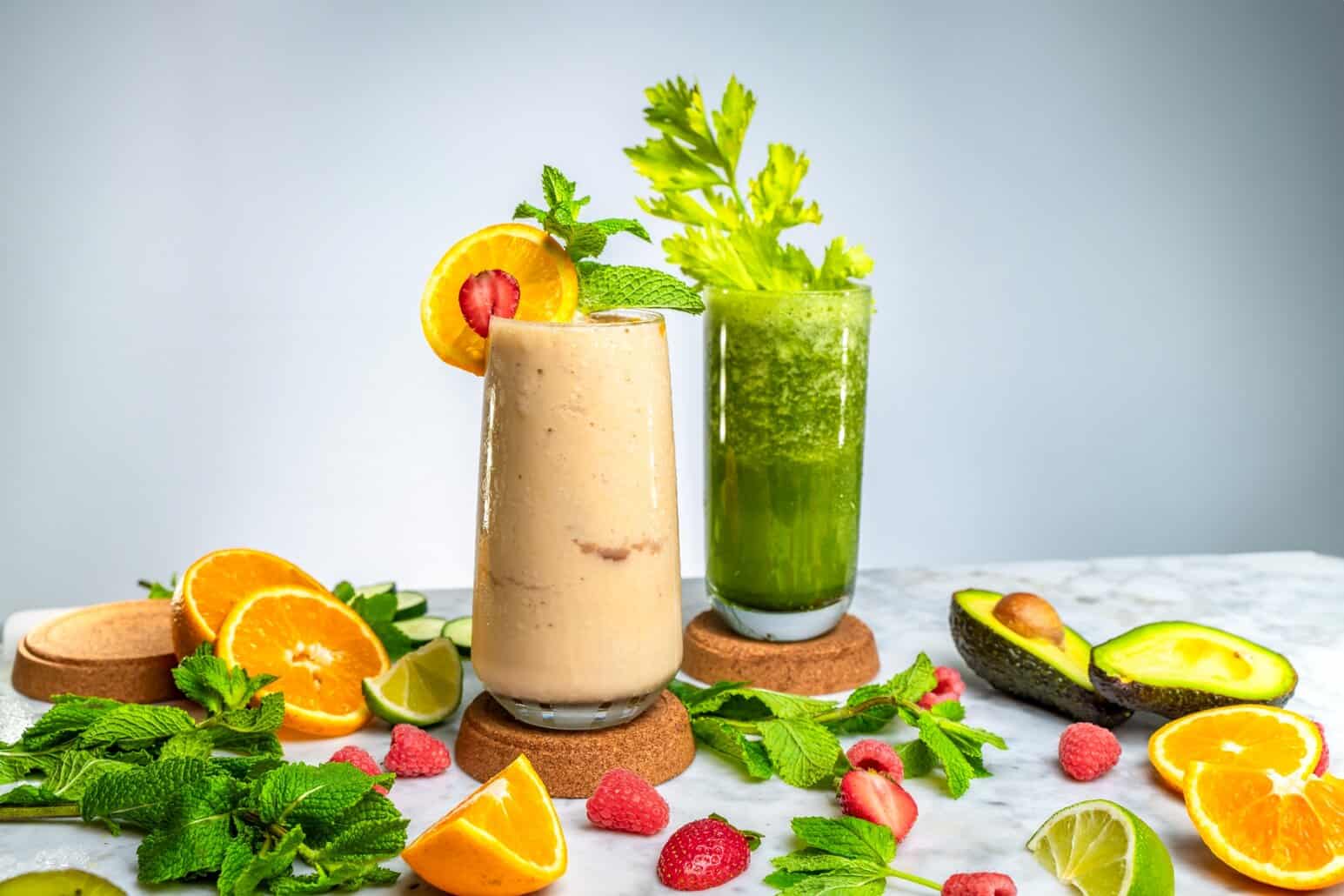 NutriFusion vegetable juice and smoothie displayed with fresh produce on a shelf.