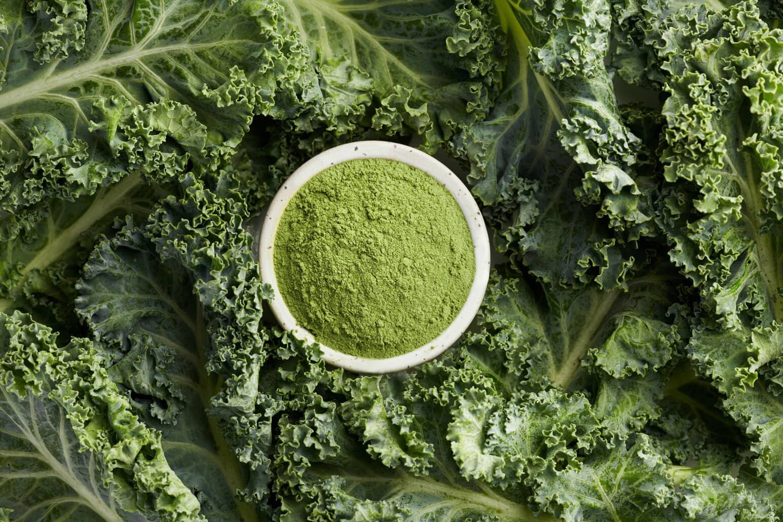 A bowl of vibrant green kale powder resting on fresh kale leaves, shown as a NutriFusion whole food ingredient.