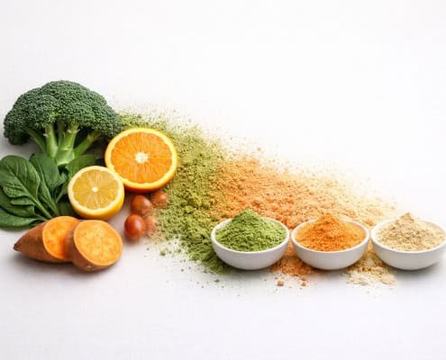 Fresh vegetables transitioning into fine nutrient powder, illustrating whole food ingredients transformed into functional blends