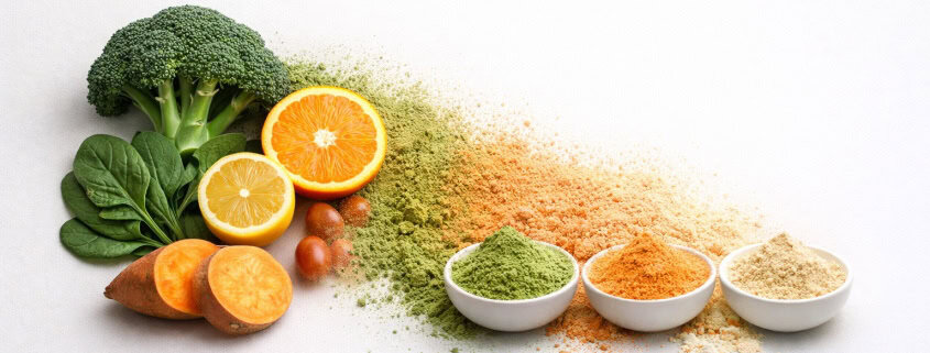 Fresh vegetables transitioning into fine nutrient powder, illustrating whole food ingredients transformed into functional blends