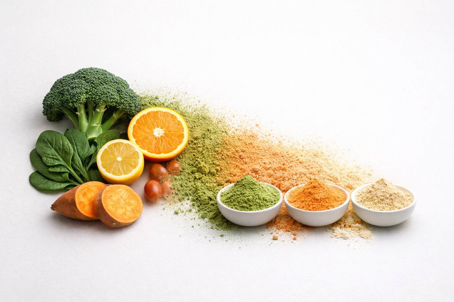 Fresh vegetables transitioning into fine nutrient powder, illustrating whole food ingredients transformed into functional blends