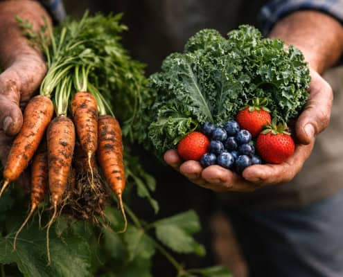 Hands holding freshly harvested vegetables and fruits, highlighting natural sourcing and whole-food ingredients.