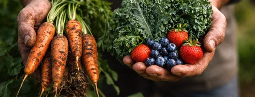 Hands holding freshly harvested vegetables and fruits, highlighting natural sourcing and whole-food ingredients.