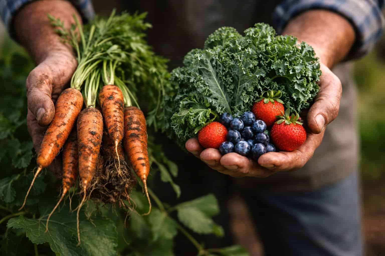 Hands holding freshly harvested vegetables and fruits, highlighting natural sourcing and whole-food ingredients.
