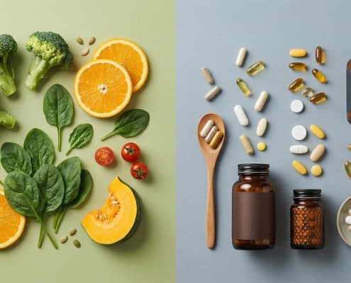 Split flat lay showing whole foods like broccoli, spinach, orange, and pumpkin on one side, and capsules with amber supplement bottles on the other.