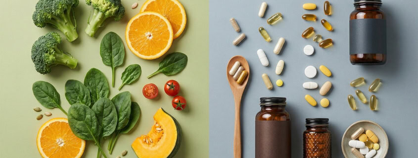 Split flat lay showing whole foods like broccoli, spinach, orange, and pumpkin on one side, and capsules with amber supplement bottles on the other.