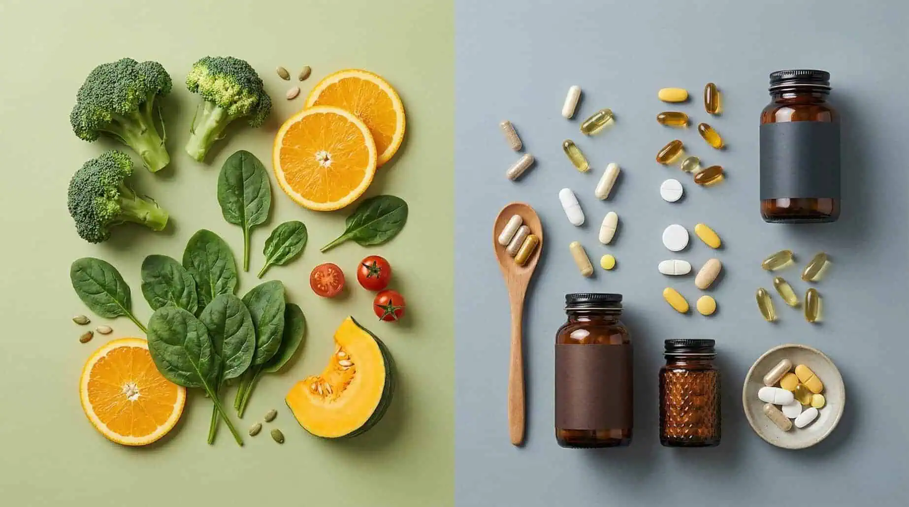 Split flat lay showing whole foods like broccoli, spinach, orange, and pumpkin on one side, and capsules with amber supplement bottles on the other.