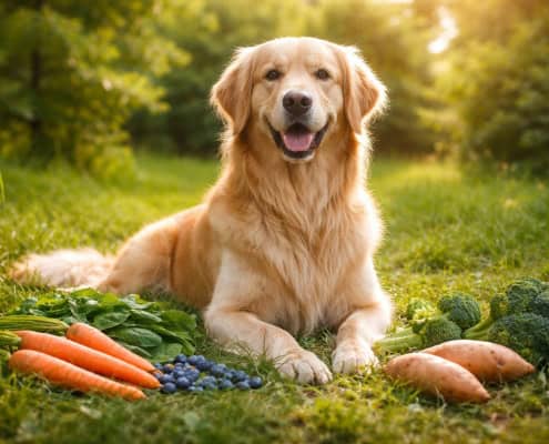 Healthy dog with shiny coat sitting outdoors surrounded by natural whole food ingredients
