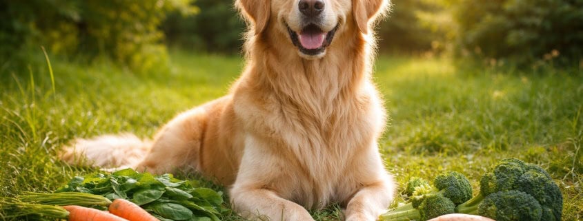 Healthy dog with shiny coat sitting outdoors surrounded by natural whole food ingredients