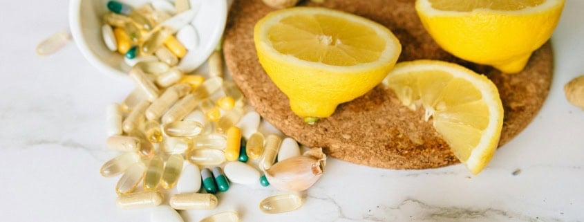 This photo features organic supplements laid out on a table