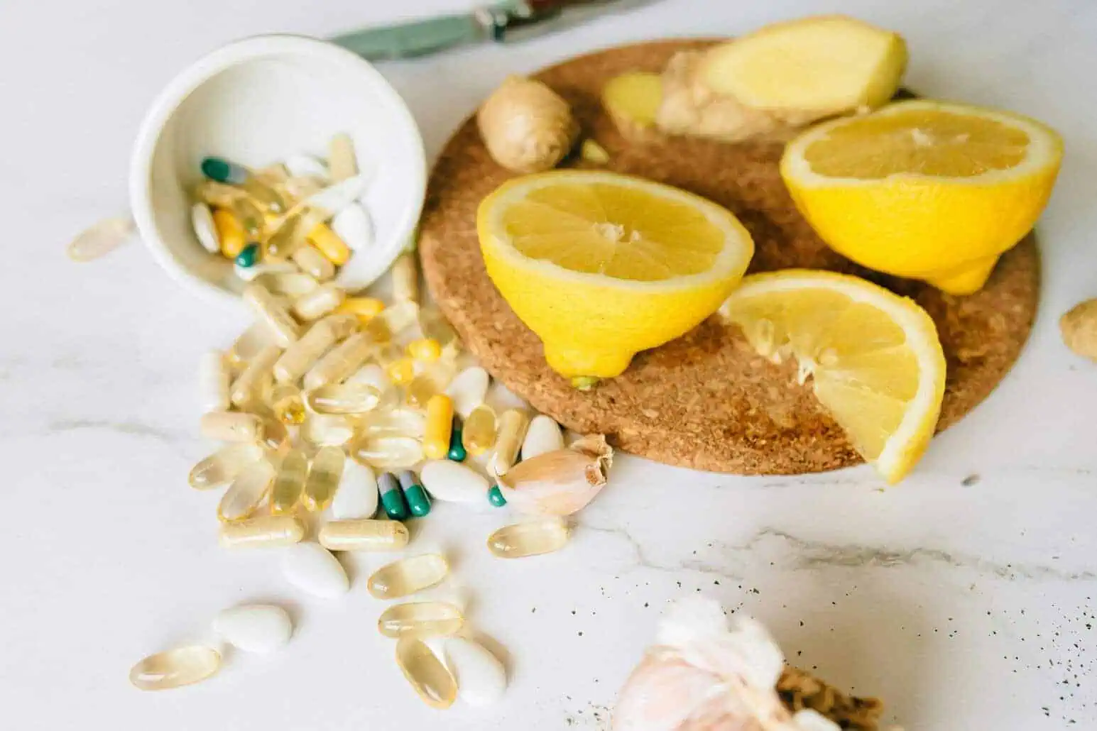 This photo features organic supplements laid out on a table